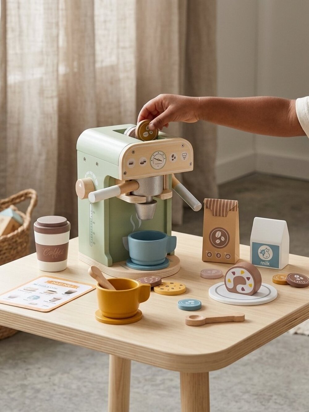 Montessori Wooden Coffee Maker Pretend Play Kitchen Toy Set New
